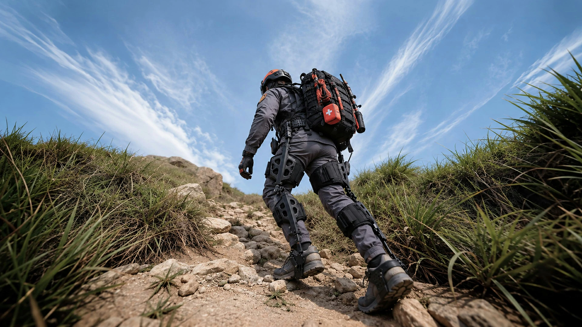 L'esoscheletro AlpWalk U1 presentato da solo, con il telaio articolato ben visibile, le cinghie e il ginocchio bionico, immagine del fabbricante — vista 2