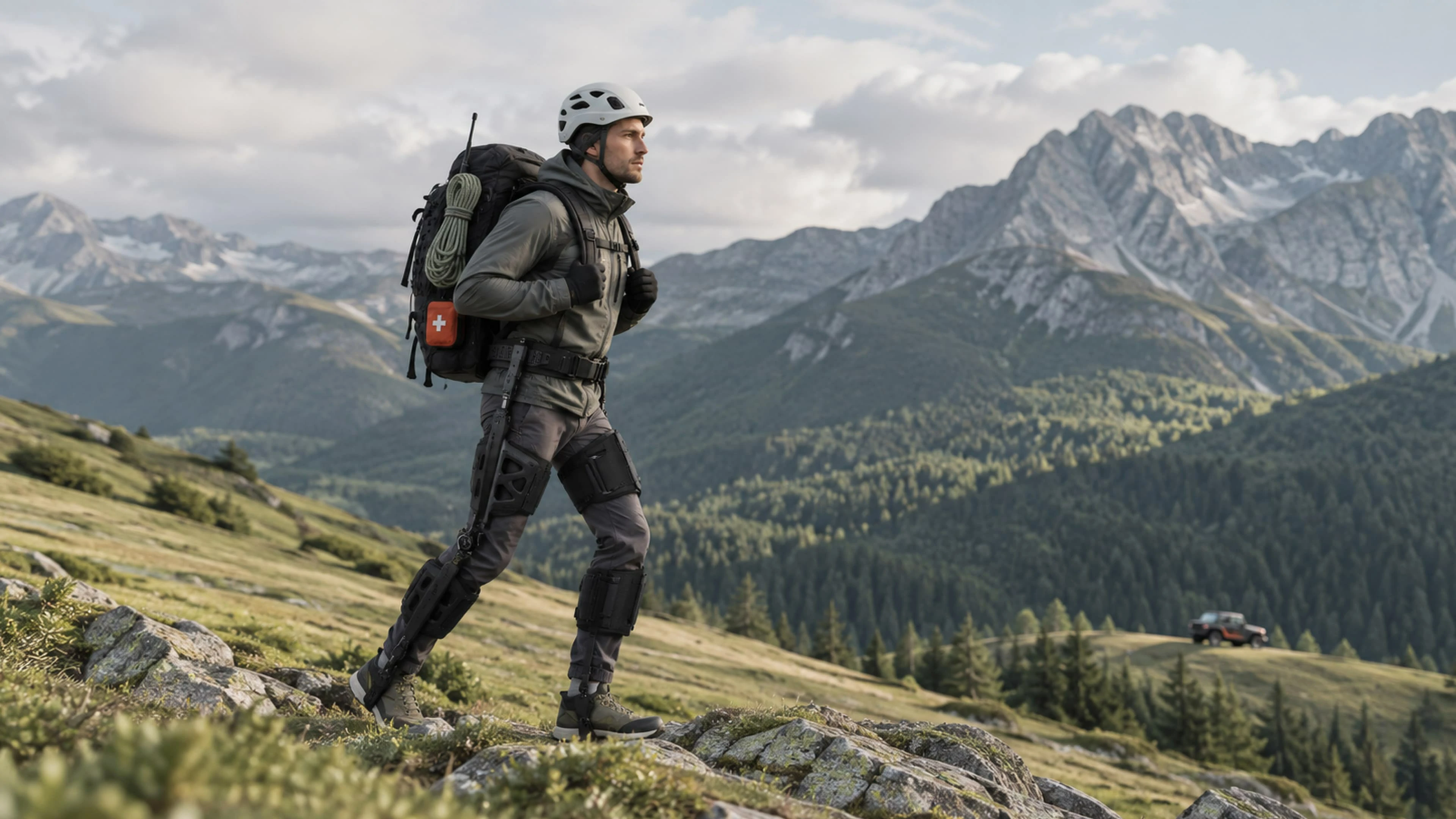 Das Exoskelett AlpWalk U1 freigestellt, mit sichtbarem Gelenkrahmen, Gurten und bionischem Knie, vom Hersteller gezeigt.